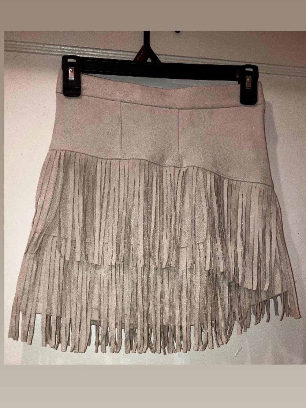 Beige Fringe Mini Skirt - Feminine Suede Look size EXTRA SMALL (XS)
